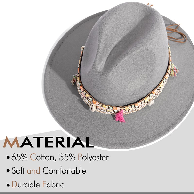 Gossifan Women's Felt Fedora Hat Wide Brim Panama Hats with Tassel-Light Grey - Image 2